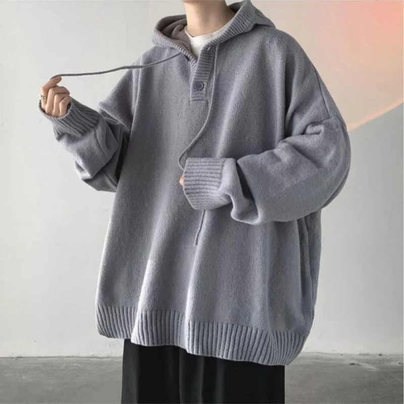 Spring Autumn Men\'s Hooded Sweater Vintage Loose Knitwear Coat Solid Color Fashion Versatile Casual Long Sleeve Pullover Sweater