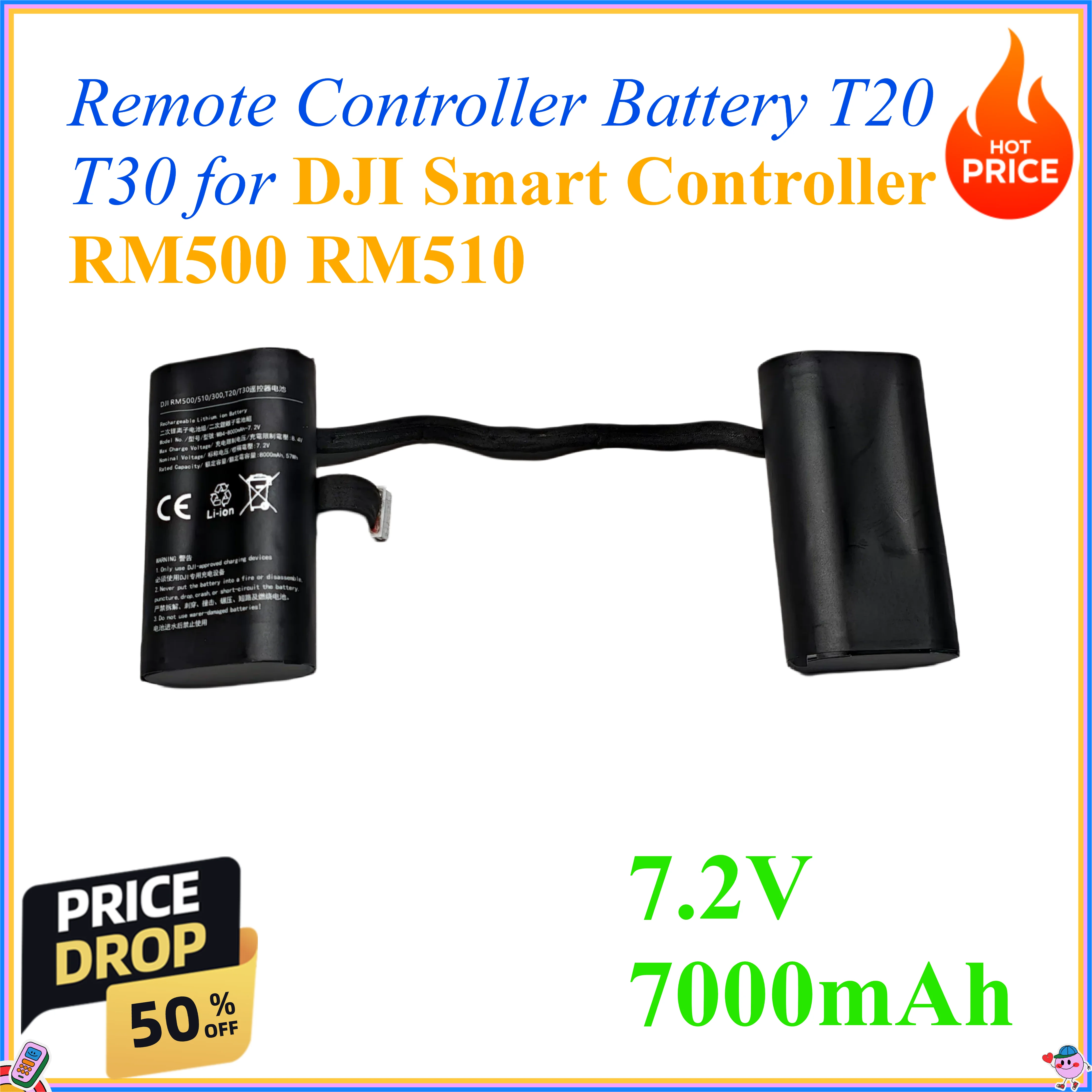 

7.2V 7000mAh Remote Controller Battery T20 T30 for DJI Smart Controller RM500 RM510