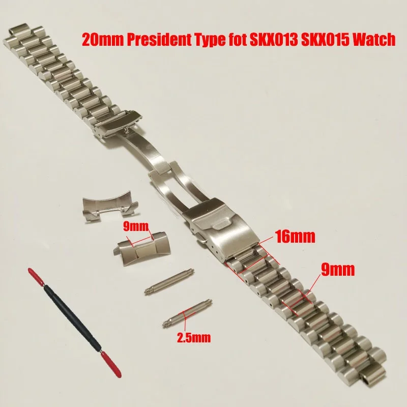 

20mm Stainless Steel Silver Vintage President Curved End Watch Strap Band Bracelet Fits for SKX 013 SKX 015 Watch