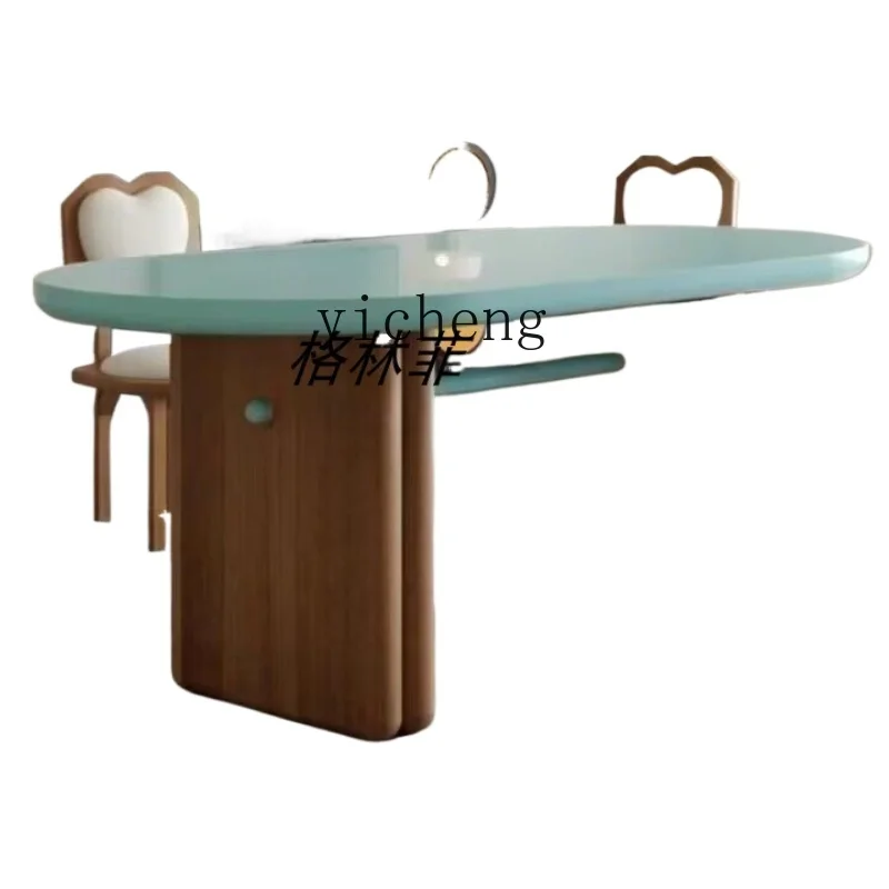 

ZK Chinese Style Solid Wood Dining Tables and Chairs Set Simple Retro Dining Table Log Oval Work Table