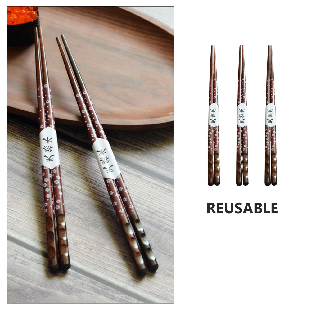 

Pointed Wooden Chopsticks 3 Pairs Reusable Kitchen Utensils Portable Anti-scalding Home Japanese Long Service Life Safe Hygienic