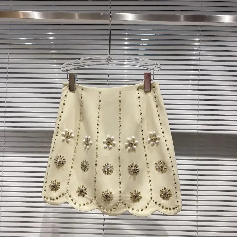 New Chic Diamond Florals Beading A-line Mini Skirt Slim Bodycon Sweet Girls Korean Fashion Clothing Skirts 2025