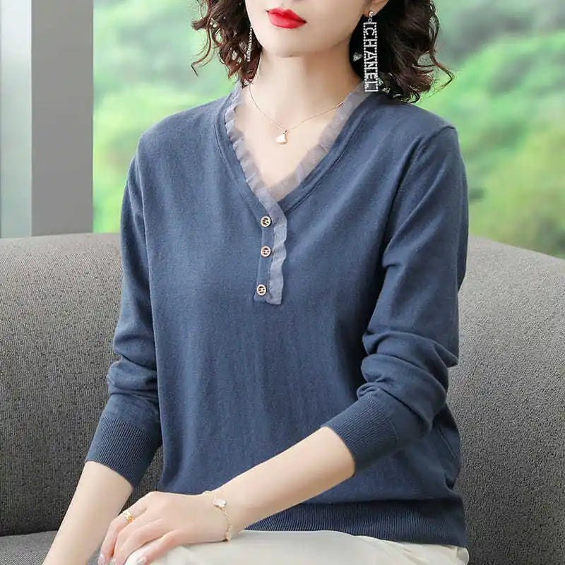 Spring and Autumn Women\'s Pullover V-neck Long Sleeve Solid Button Ruffles Screw Thread Loose Sweater Fashion Casual Knit Tops