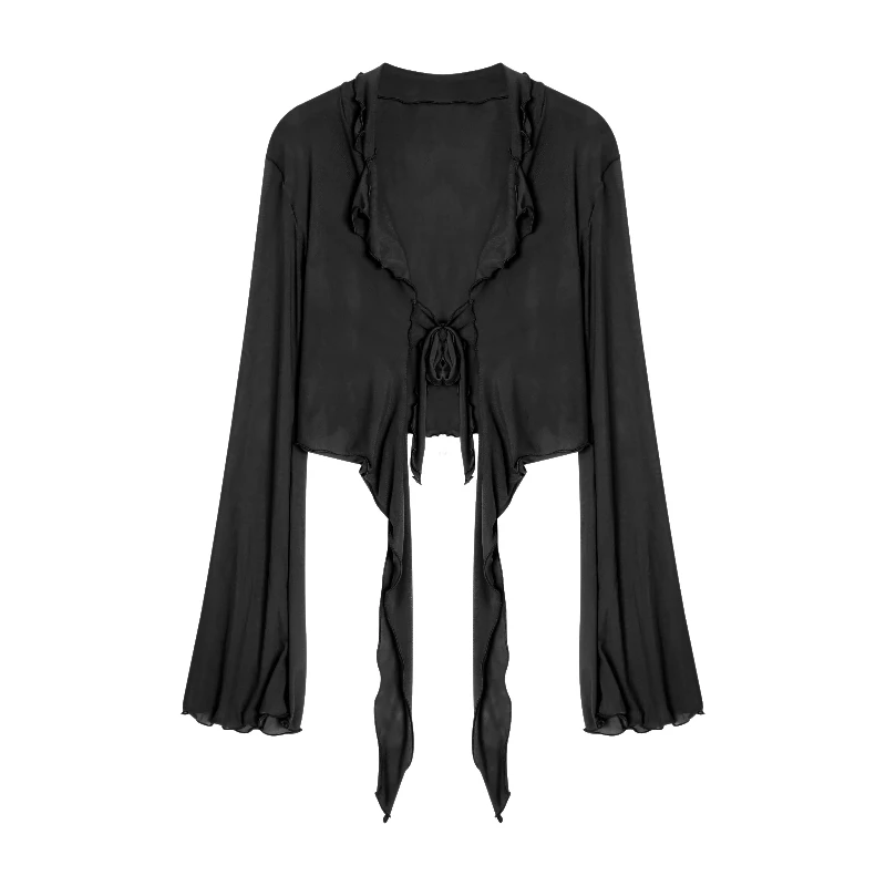 Solid Fashion Lace-up Mesh Long Flare Sleeve Blouses for Women New Sexy Sweet Hot Girls All-match Elegant Casual Women Clothing