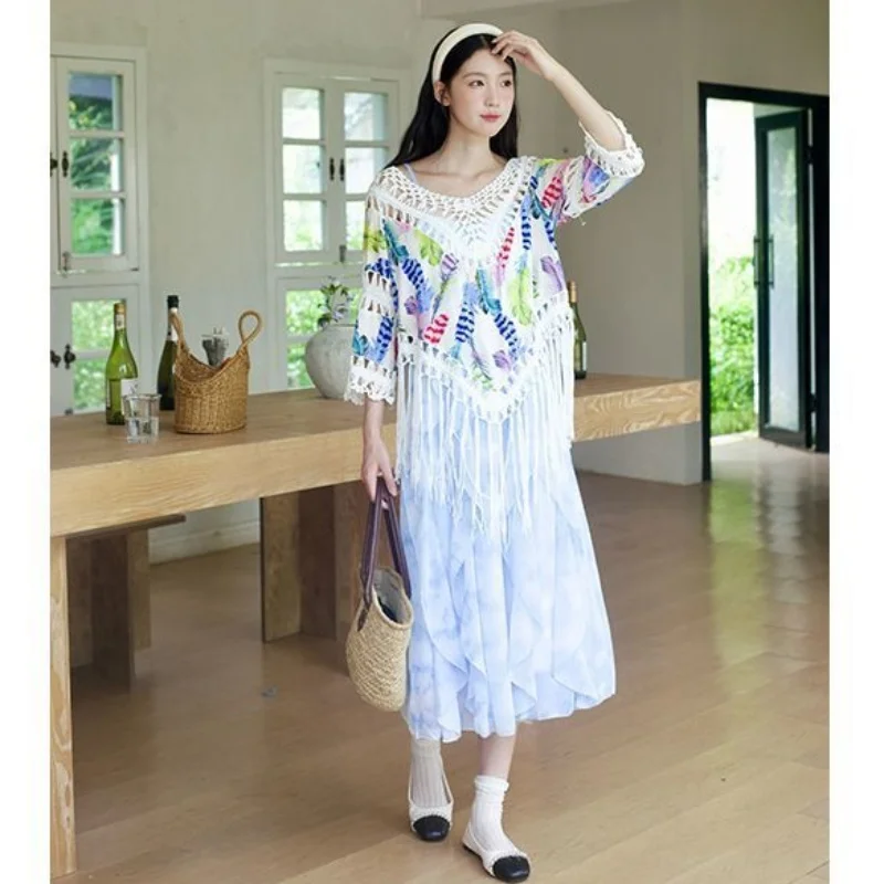 2025 ฤดูร้อนโบฮีเมียนพิมพ์ผ้าคลุมไหล่สลิงชุดชีฟอง 2 ชิ้นชุดผู้หญิงหลวม V คอเสื้อ Camisole ชุดชุด