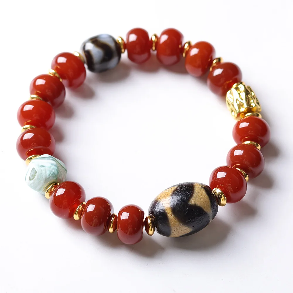 Original Design Southern Red Agate with Tibetan Tiger Teeth Bead Bracelet Calcified Agate Bracelet