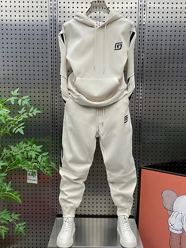 Mens Outdoor Two Piece Running Set Hooded Sweatshirt Sweatpants Jogging Tracksuit Side Striped Athlete Training Sportswear Sets