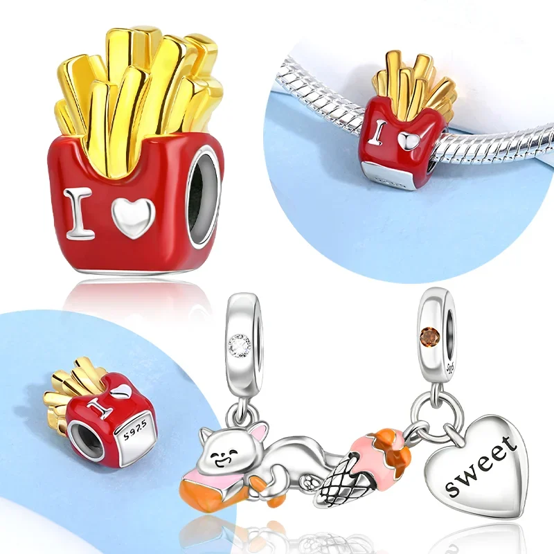 Silver Colors Golden Delicious French Charm Sweet Ice Cream Cute Cat Beads Fit Original Bracelet DIY Fine Jewelry Gift for Women