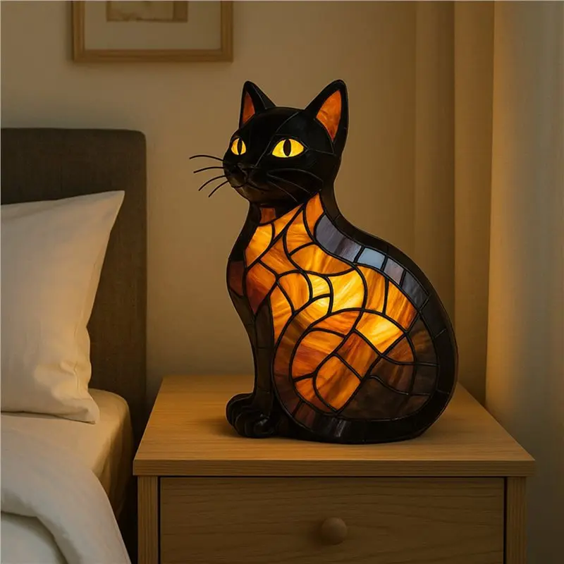 B08B-2X New Stained Glass Cat Lamp Cats Stained Resin 3D Cute Tabletop Retro High Quality Pet Led Table Light Home Bedroom