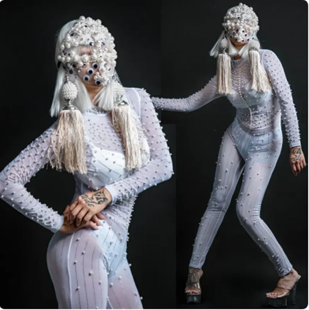 2025 Sexy White See-Through Pearl Jumpsuit Multiple Eyes Mask Halloween Rave Festive Clothing Nightclub Gogo Dancer Outfit yk143