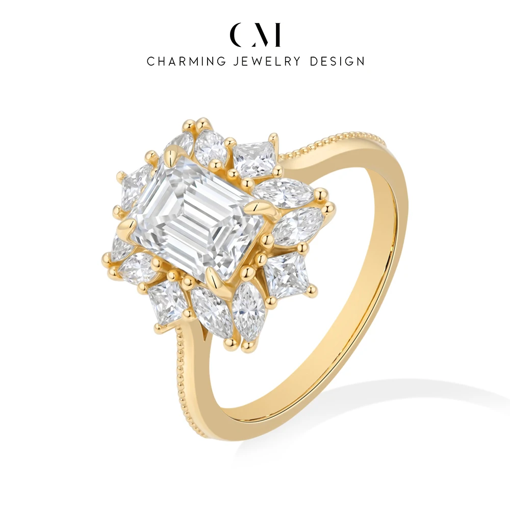 CHARMING Luxury Shining 2.0CT Emerald Cut Moissanite Cocktail Ring S925 for Women Dinner Party Birthday Gift Anniversary Wedding