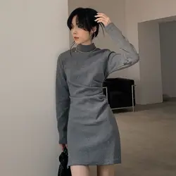 French Style Fashion Autumn Winter New Women Solid Stand Collar Lint Pleated Simplicity Long Sleeve A-line Slim Hip Wrap Dresses