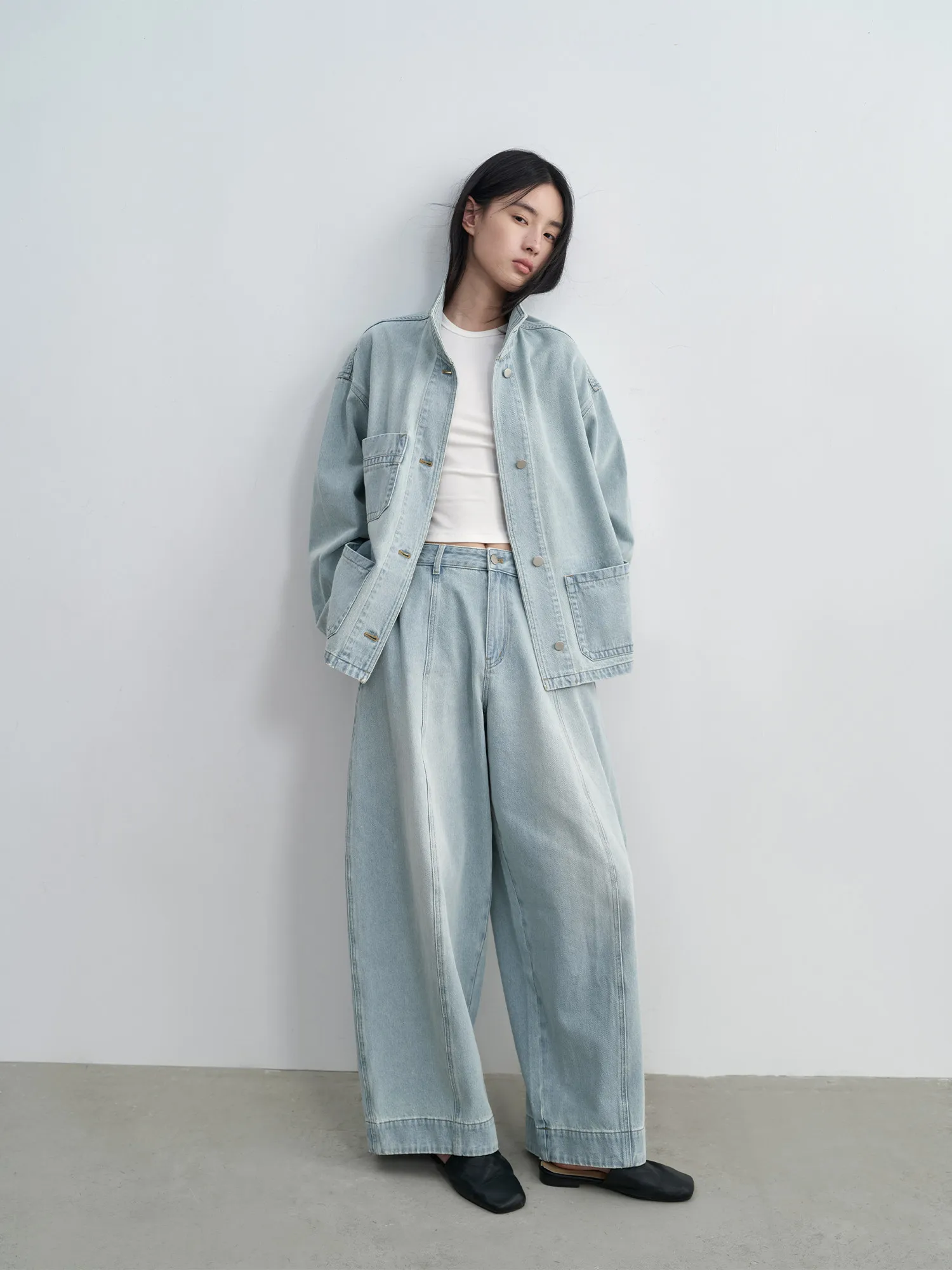 

SuperAen Washed Denim Blue Loose Short High Street Jacket Coats Korean Style Fashion Full Length Wide-leg Pants Sets