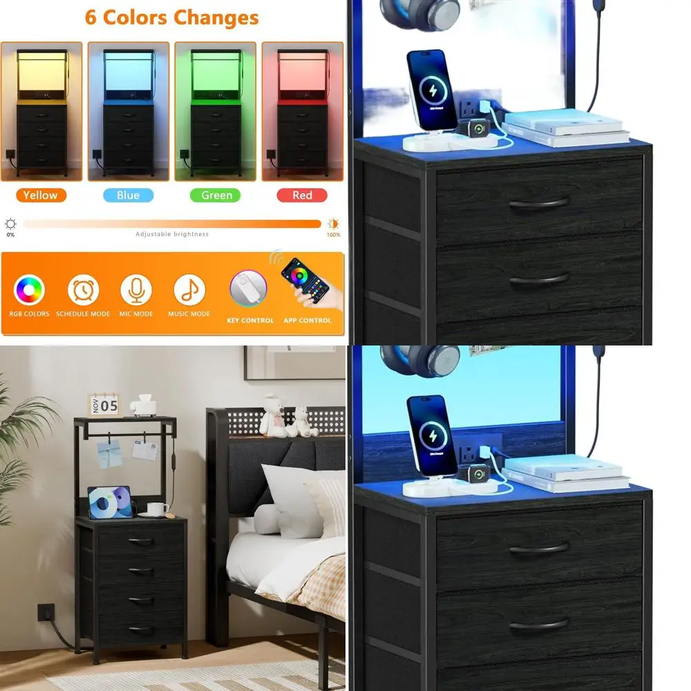 

Black Oak 4-Drawer Tall Nightstand with Charging Station and LED Lights for Bedroom, Hallway, or Office