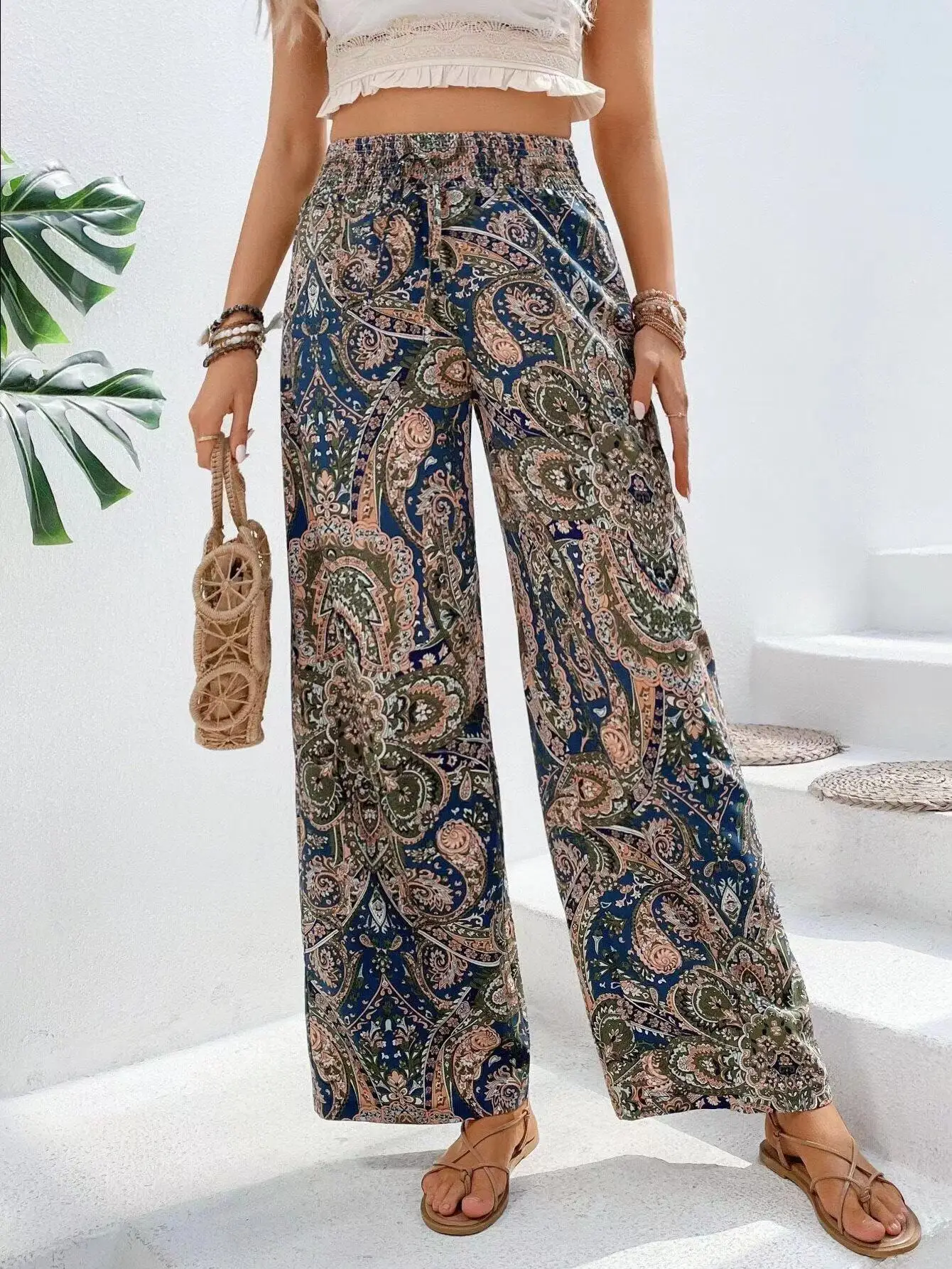 Mode Vintage Print Breite bein Hosen Frauen Casual High-taille Hosen 2024 Frühling Sommer Büro Dame Kleidung Streetwear – Detail 9