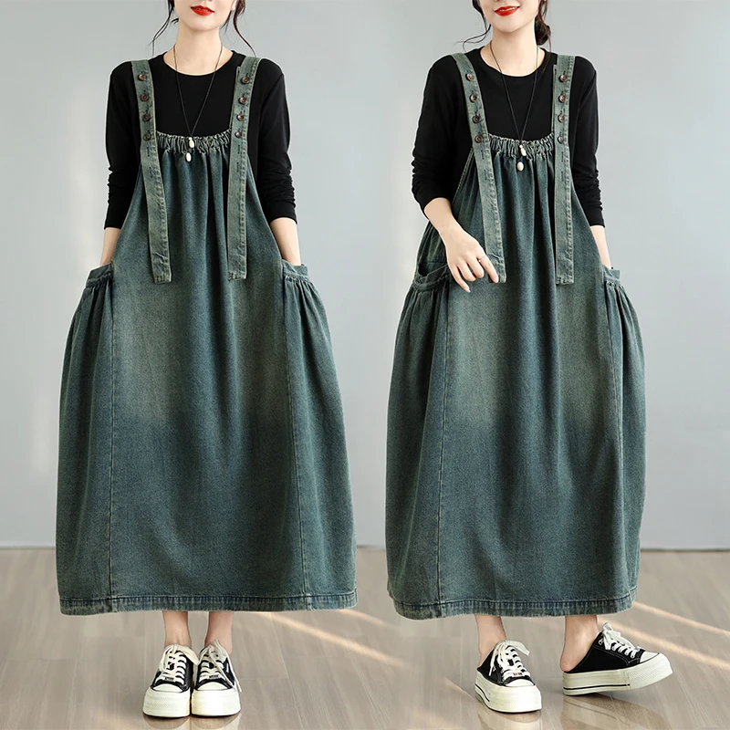 Retro Denim over Knee Strap Dress Women's Loose plus Size Quality Casual Washed Cotton Jeans Skirt Autumn Season plus Size