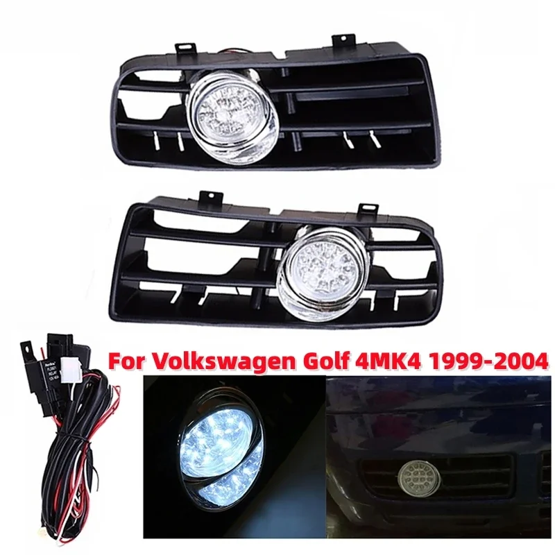 

1Pair Car LED Fog Light Grille Kit Driving Bumper Lamps With Wiring Harness For Volkswagen Golf 4MK4 1999-2004