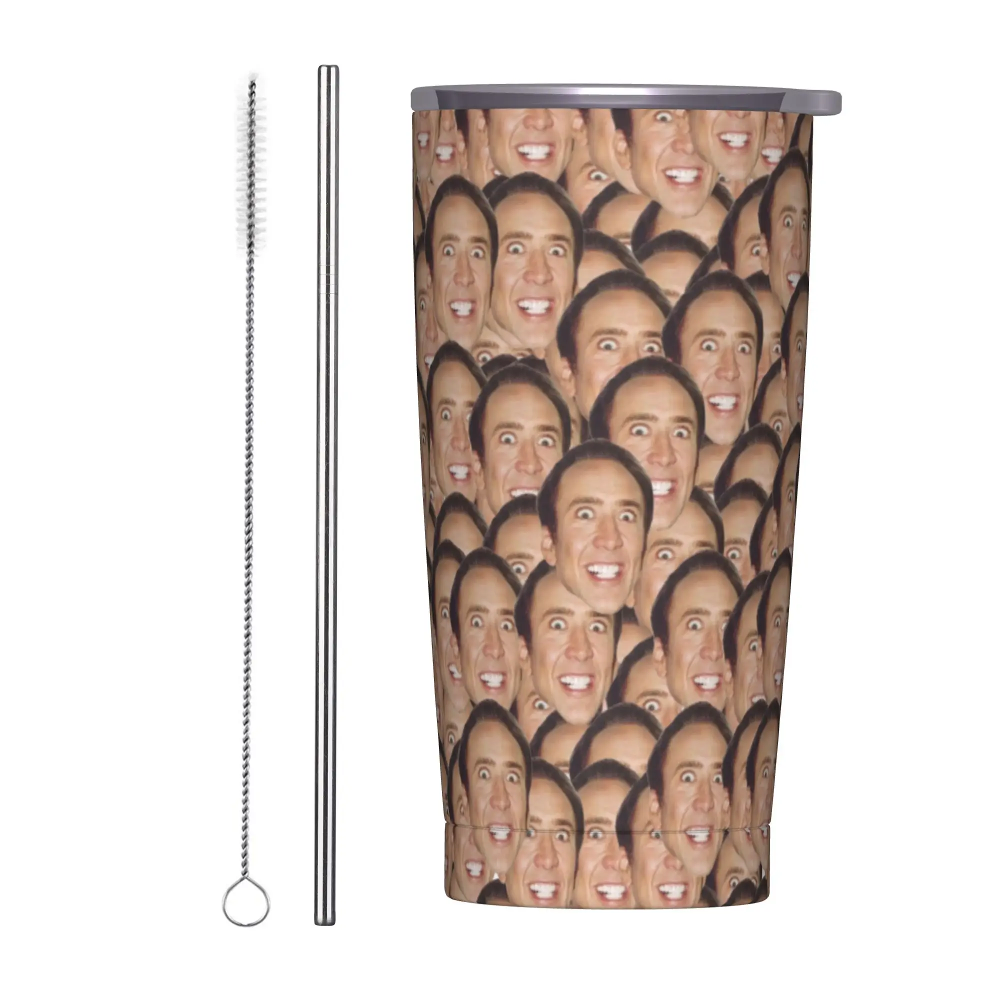 Nicolas Cage Meme Insulated Tumbler with Straws Lid Actor Vacuum Coffee Mugs Outdoor Travel Car Bottle Cups, 20oz