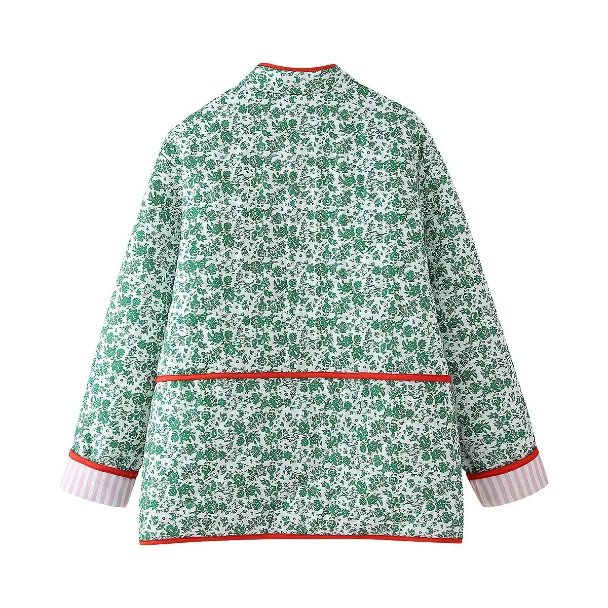 TRAFZA-Chaqueta de algodón de manga larga con cuello redondo para mujer, abrigo cálido informal con bolsillo de un solo pecho, empalme Floral verde, moda femenina