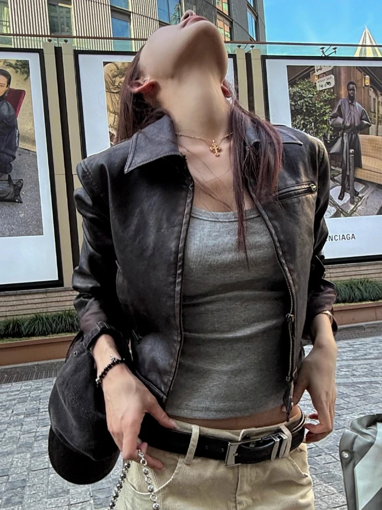 

Autumn American Style Cool Women Short Leather Jacket Vintage Fashion Zipper Motorcycle Jacket Tops Female Aesthetic Y2k Clothes