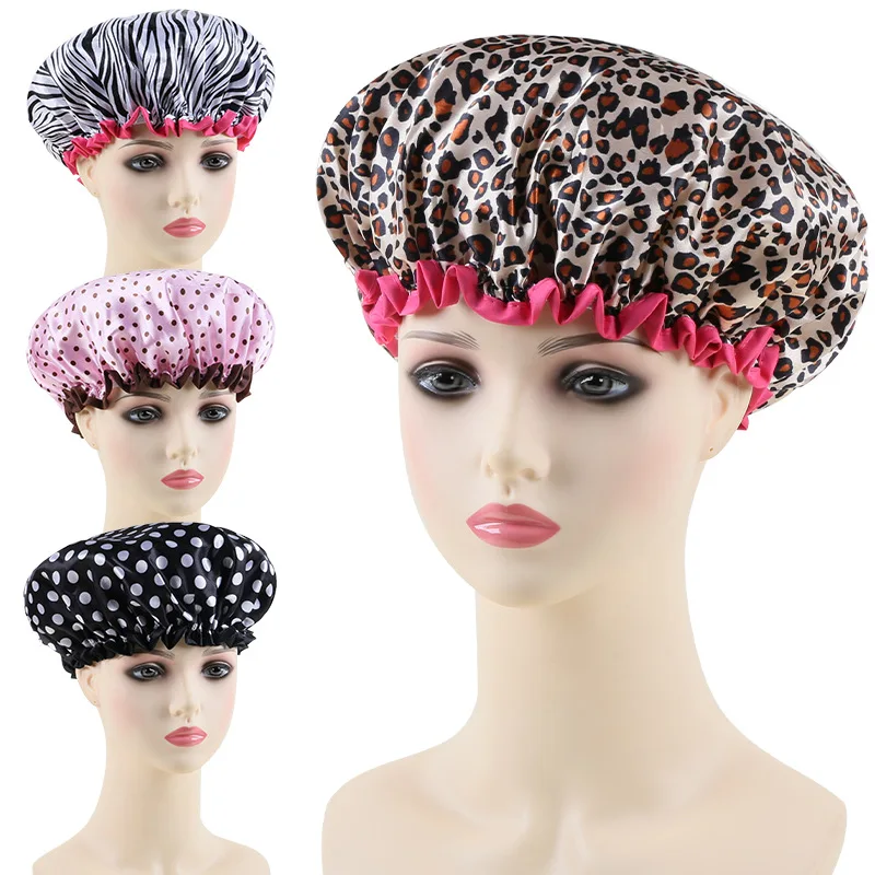 Waterproof Shower Cap Leopard Print Double Layer Elastic Shower Hair Cover Reusable Wave Point Shower Cap Bathroom Supplies