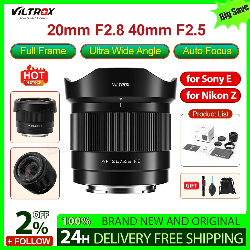 VILTROX 20mm F2.8 40mm F2.5 Camera Lens Full Frame Ultra Wide Angle Auto Focus VLOG Lens For Sony Nikon Camera