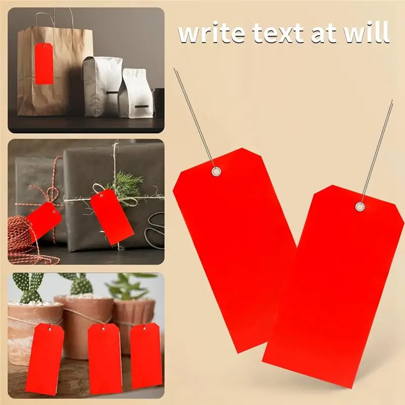 DT15 Shipping Tags, 100 Pieces 4 3/4Inch X 2 3/8Inch Plastic Hang Tags with Wires, Blank Labeling Tags, Waterproof, Red, Easy