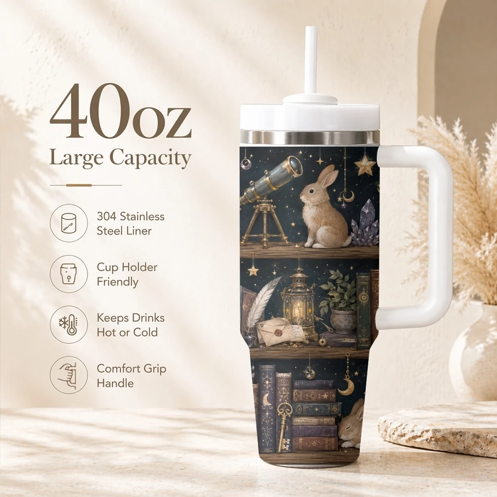 Vintage Cat Library Vacuum Flasks 40oz Portable Stainless Steel Tumbler with Handle Straw Double Wall Insulated Leakproof Mug
