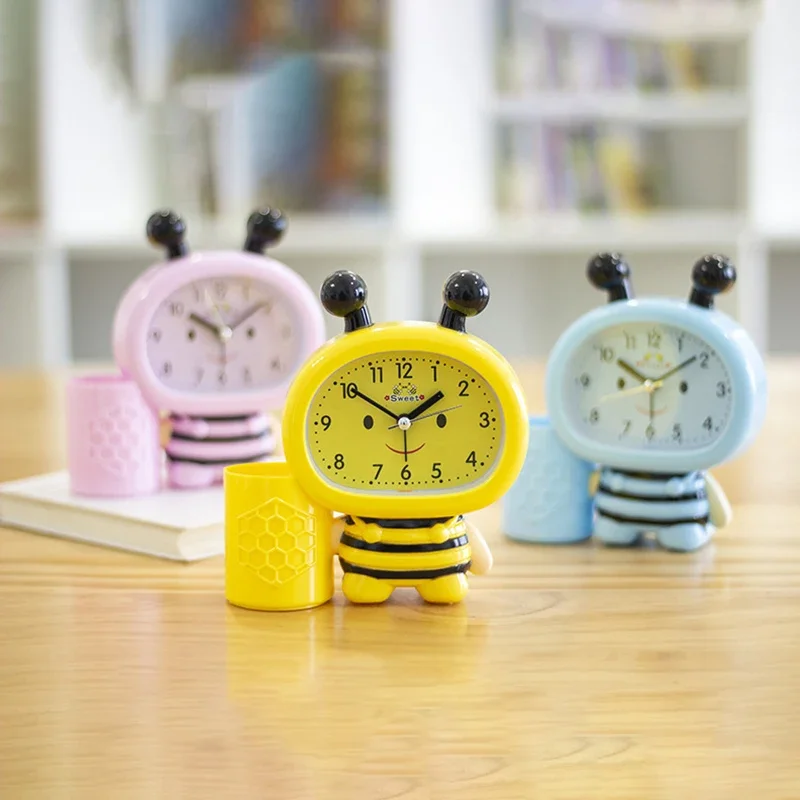 Creative Pen Holder Bee Shaped Alarm Clock Quartz Beep Clock Fashion Bedroom Bedside Alarm Clock Multi- Kitchen Gadgets