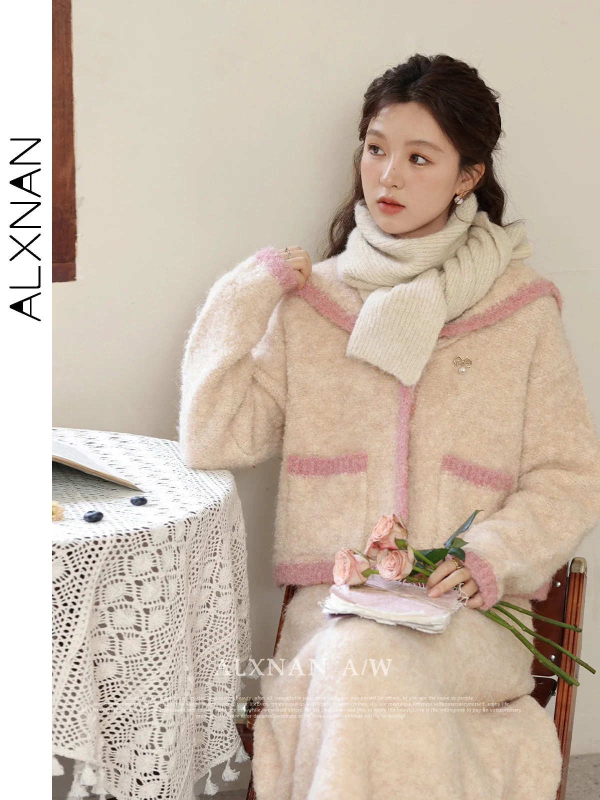 ALXNAN تنورة متوسطة الطول من الصوف للخريف والشتاء رشيقة مرقعة على شكل حرف a تنانير دافئة متعددة الاستخدامات للسيدات للتنقل LXN32803BQ