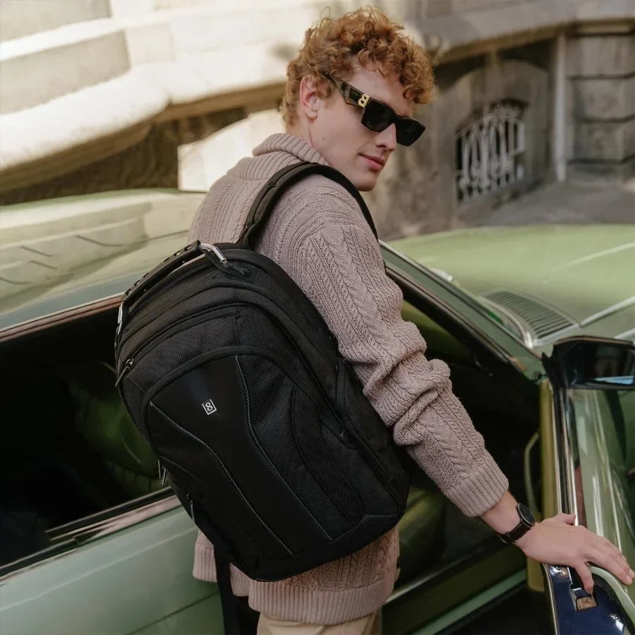 حقيبة ظهر للكمبيوتر المحمول LEVEL8 للرجال والنساء، حقيبة كمبيوتر للسفر للأعمال تناسب الكمبيوتر المحمول والكمبيوتر المحمول مقاس 15.6 بوصة - أسود