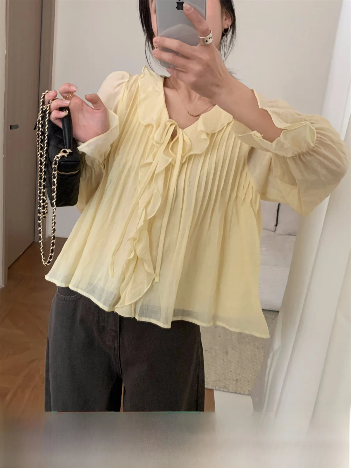 

Princ Sle Long Sve V-Ne Lace Trim irt Women's Gentle Wind Design Spring New Sweet Sensation Charming Top