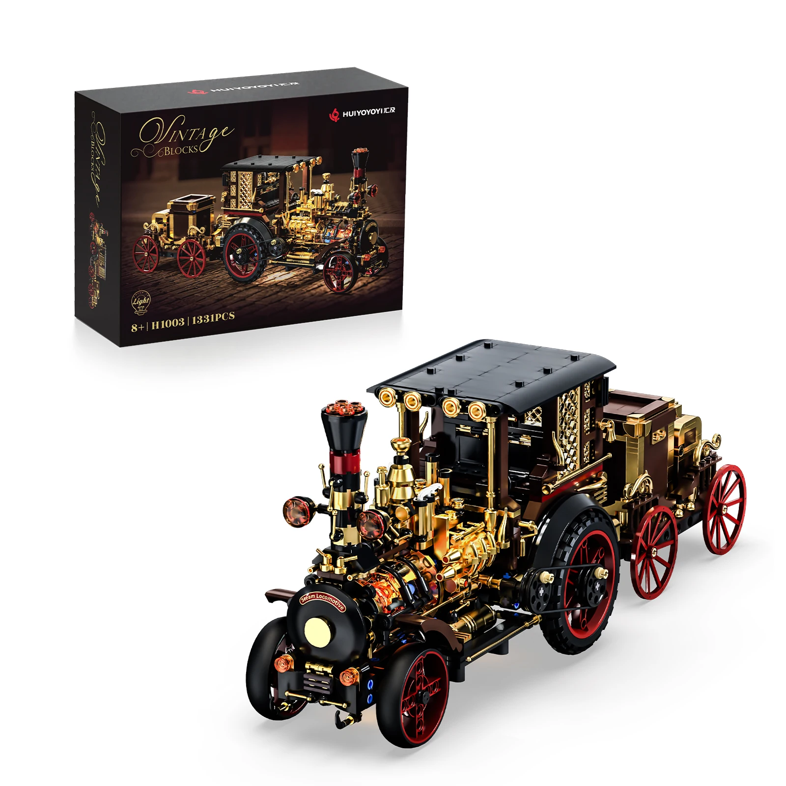 

H1003 1331pcs Retro Mechanical Steam Train Model Building Kit with LED Lights