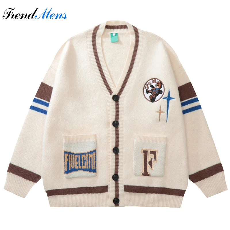 

Mens Streetwear Embroidery Letter Harajuku Cardigan Fashion Loose Casual Knitted Sweaters V-neck Outwear Jacket Autumn Oversized