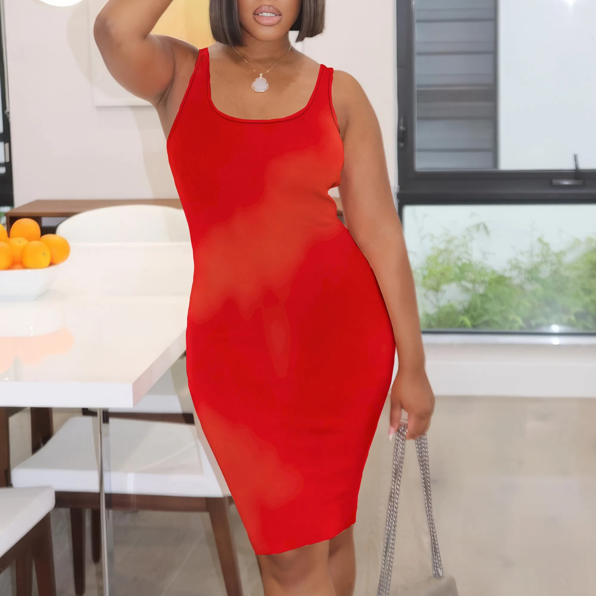 

Red Gradient Bodycon Tank Dress S-3XL Sleeveless Round Neck Style for Nightclub, Date Night or Summer Street Look