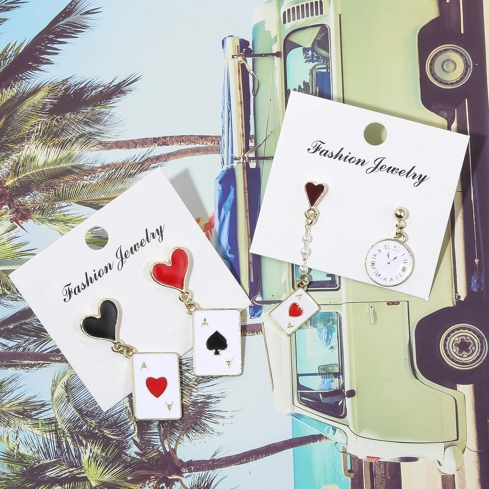 Funny Clock Poker Card Drop Earrings Alice in Wonderland Hearts and Spades A Ace Playing Cards Earrings for Women Girl Jewelry