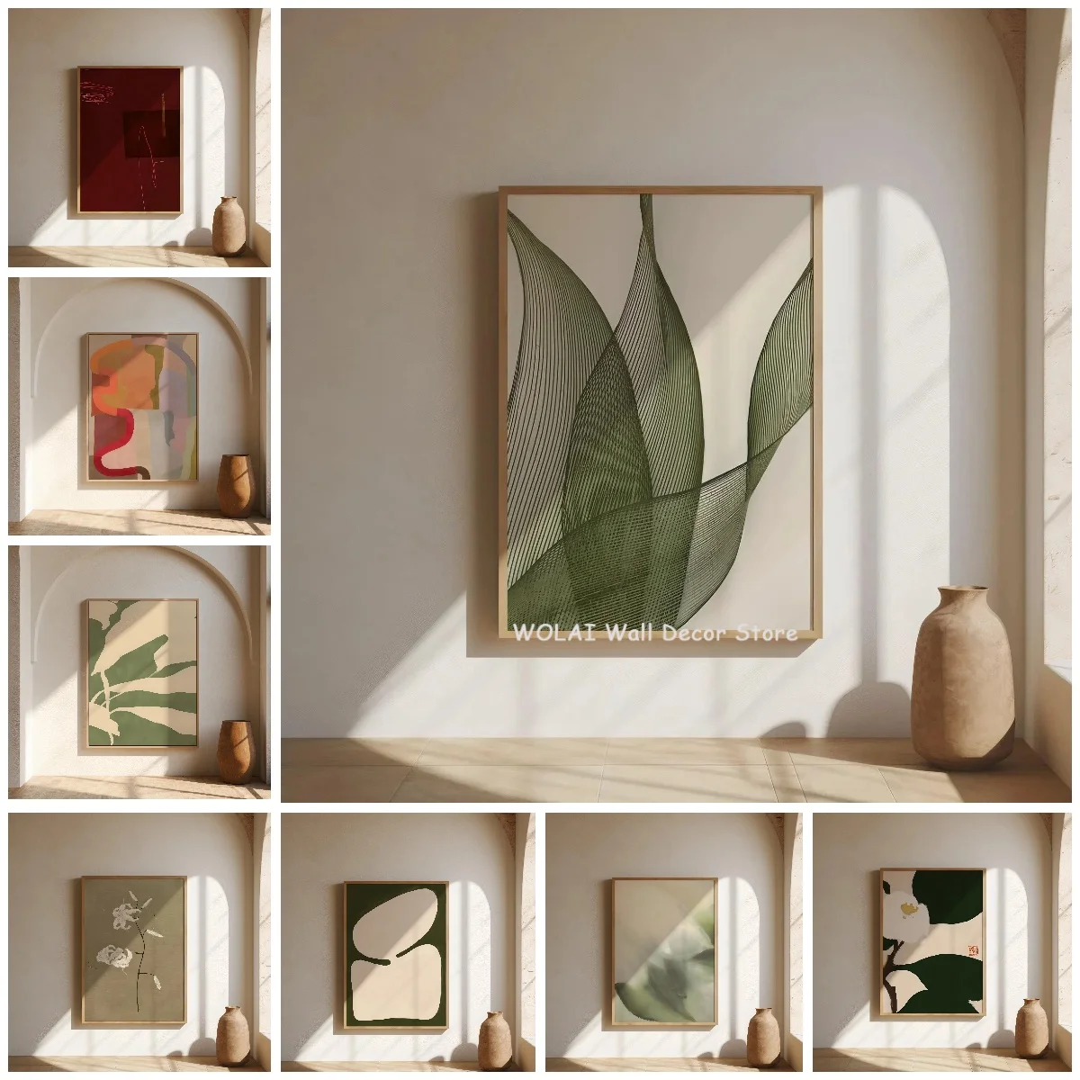 Minimalist Plant Line Canvas Printing Mid-century Green Leaf Abstract Wall Art Poster for Modern Living Room Nursery Home Decor
