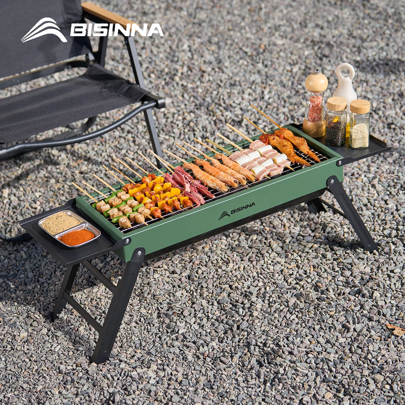 BISINNA Folding Barbecue Grill Portable Heavy Duty with Side Shelves Outdoor Camping BBQ Patio Dining Charcoal Stove