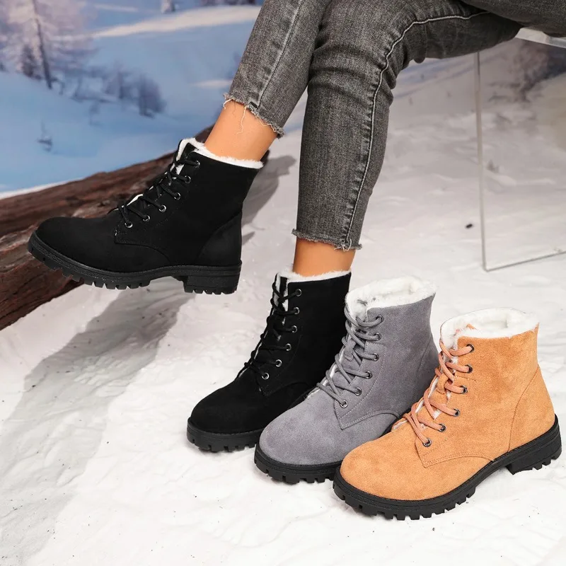 Snow Low Heels Short Boots for Women Platform Ladies Shoes Plush Keep Warm Lace Up Ankle Boots Ladies Fur New Winter Shoes Mujer