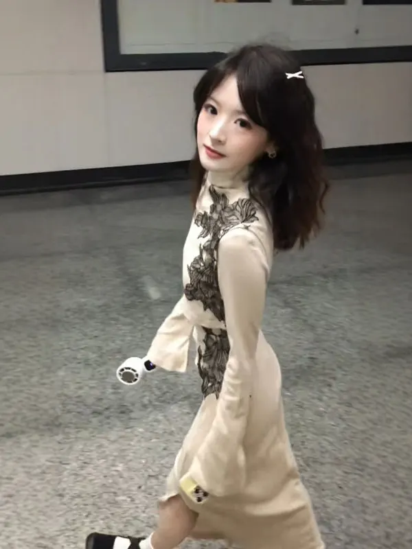 

Ele Knitted Dr And awl Two-Piece Set Gentle Sle Autumn Collection Comfortable Cotton Material Sve Length Long