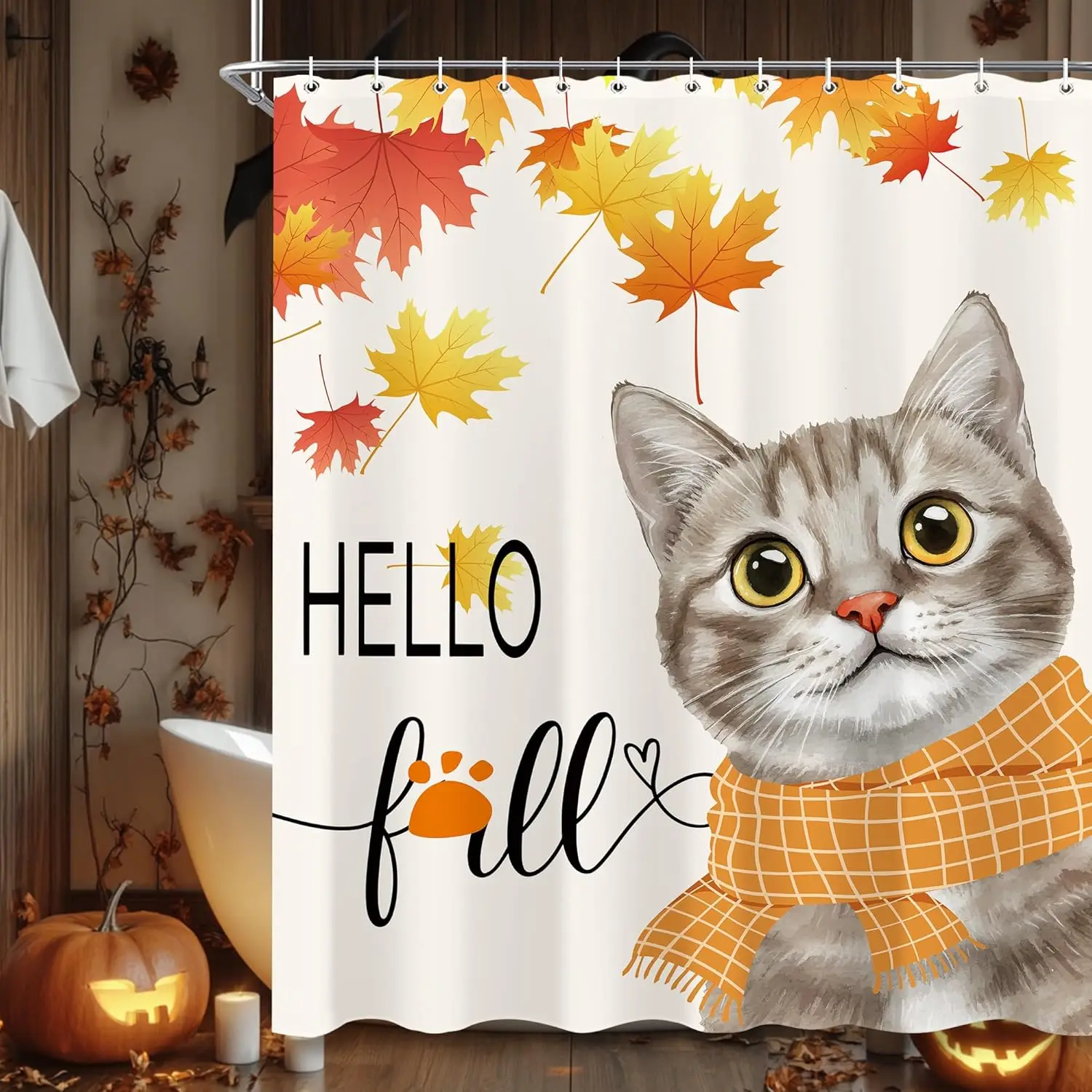 

Занавеска для душа с милым котом для ванной комнаты, осенние кленовые листья, осенняя занавеска для ванны с урожаем на День благодарения