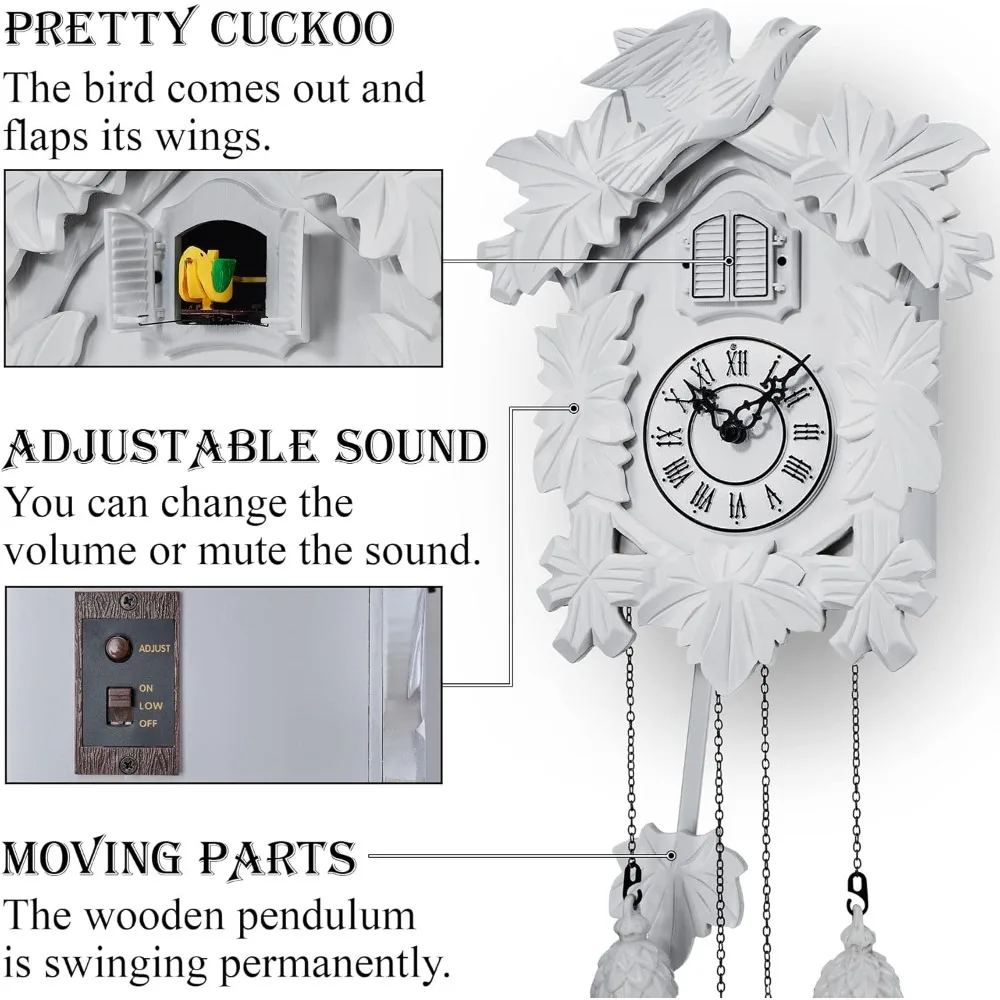 Reloj de cuco blanco tallado a mano con modo nocturno, péndulo oscilante y decoraciones detalladas para elegancia de cronometraje
