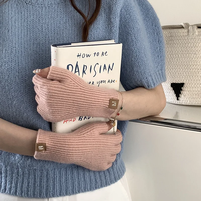 جديد عصري بسيط بلون نصف اصبع قفازات الحد الأدنى شاشة تعمل باللمس قفازات محبوكة الخريف والشتاء قفازات النخيل الدافئة #3