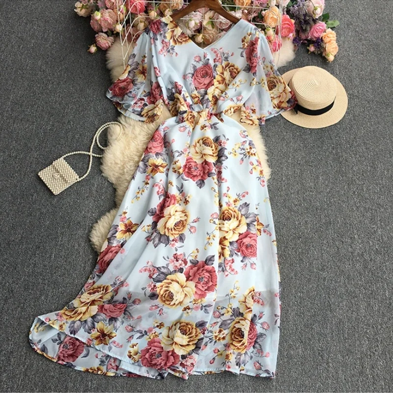 Vestido largo de gasa con estampado Floral para mujer, traje elegante de manga corta con cuello en V, ideal para fiesta y Club, Verano