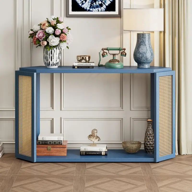 Narrow Console Table with Unique Irregular Top Design, Entry Table with Open Shelf, Rattan Sofa Table for Living Room Hallway