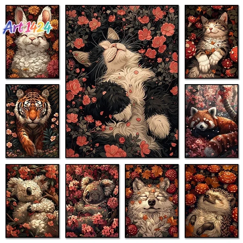 1pc frameless canvas Cute Anime Animals With Flowers Posters Modern Wall Art s And Prints HD Pictures For Living Room Home  G