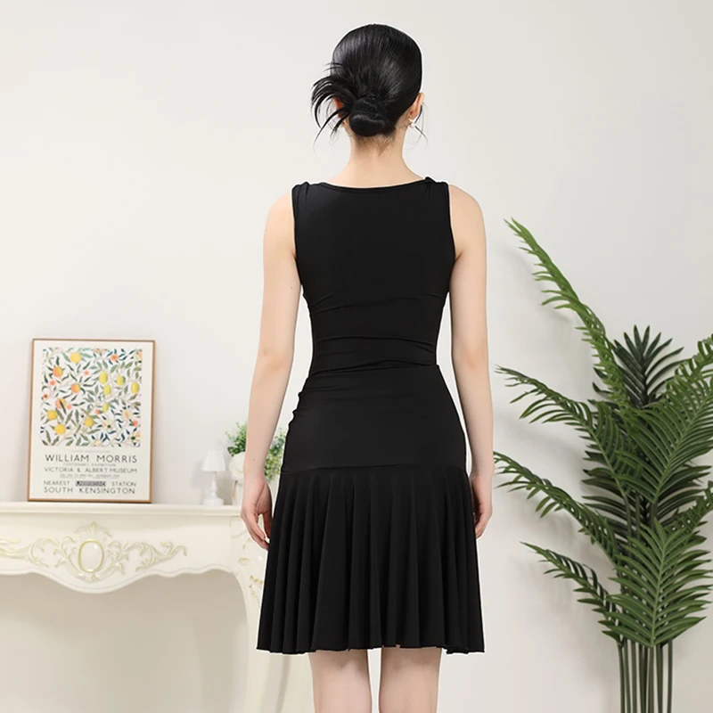 Summer Sleeveless Latin Dance Dress Women Frill Dance Skirt Set Rumba Tango Training Clothes Dancer Practice Wear Black VDL3808