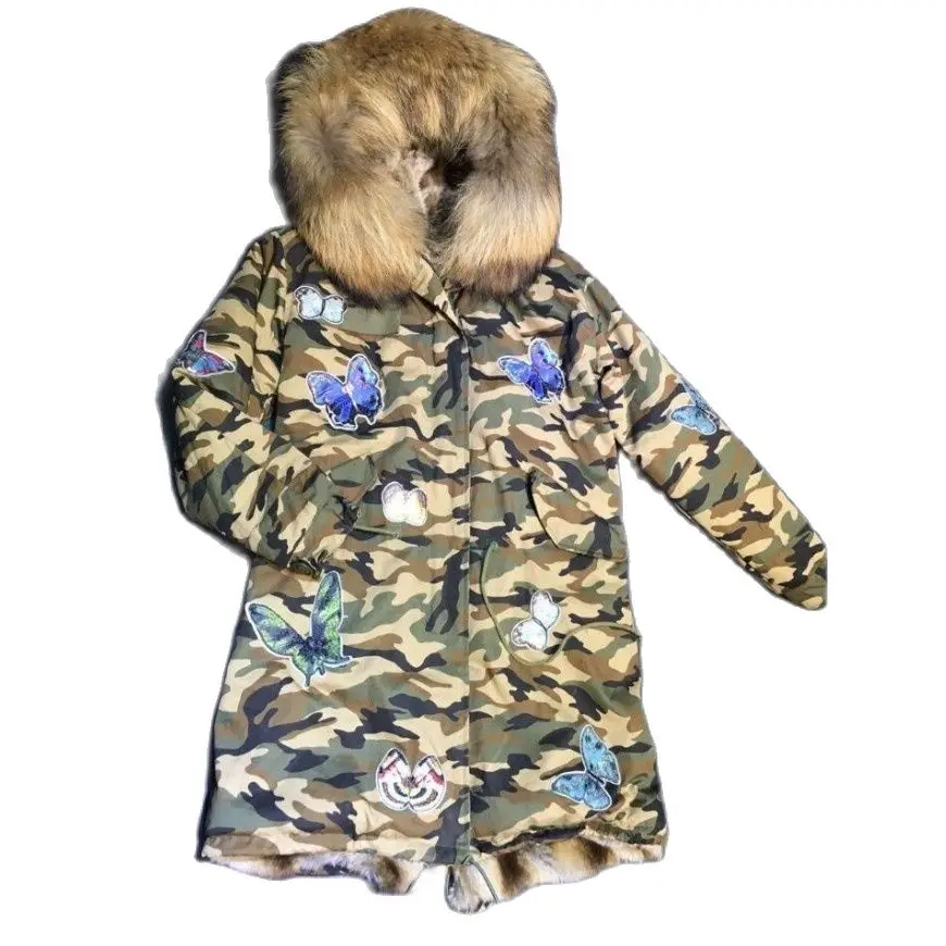 Camouflage Printed Natural Big Collar Wear Faux Rex Rabbit Fur Metal Zipper Deep Pocket Men Outwear