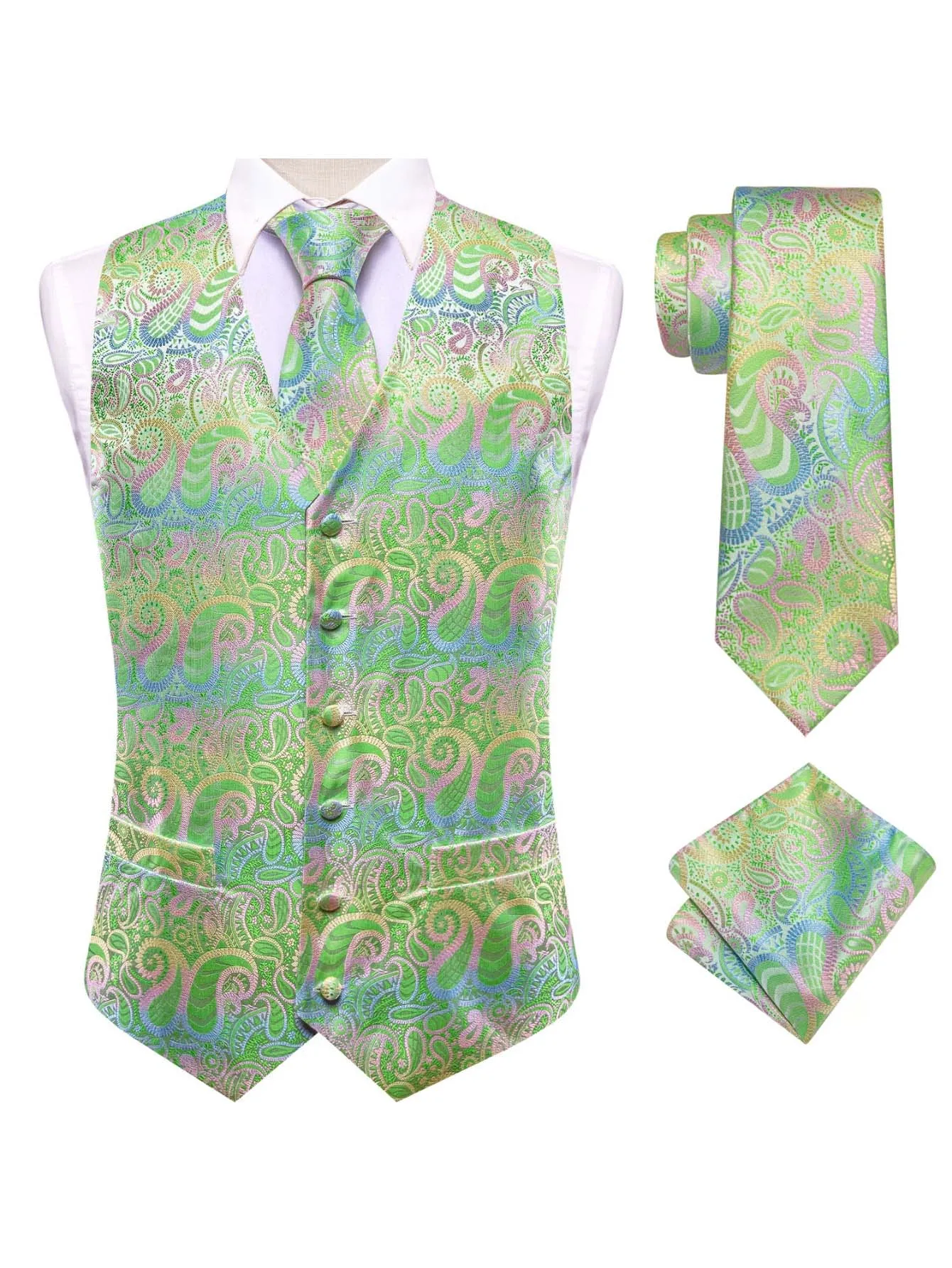 VERVEROW Men Gradient Paisley Pattern Waistcoat Set Colorful Jacquard Suit Vest Matching Necktie Handkerchief For Ceremony
