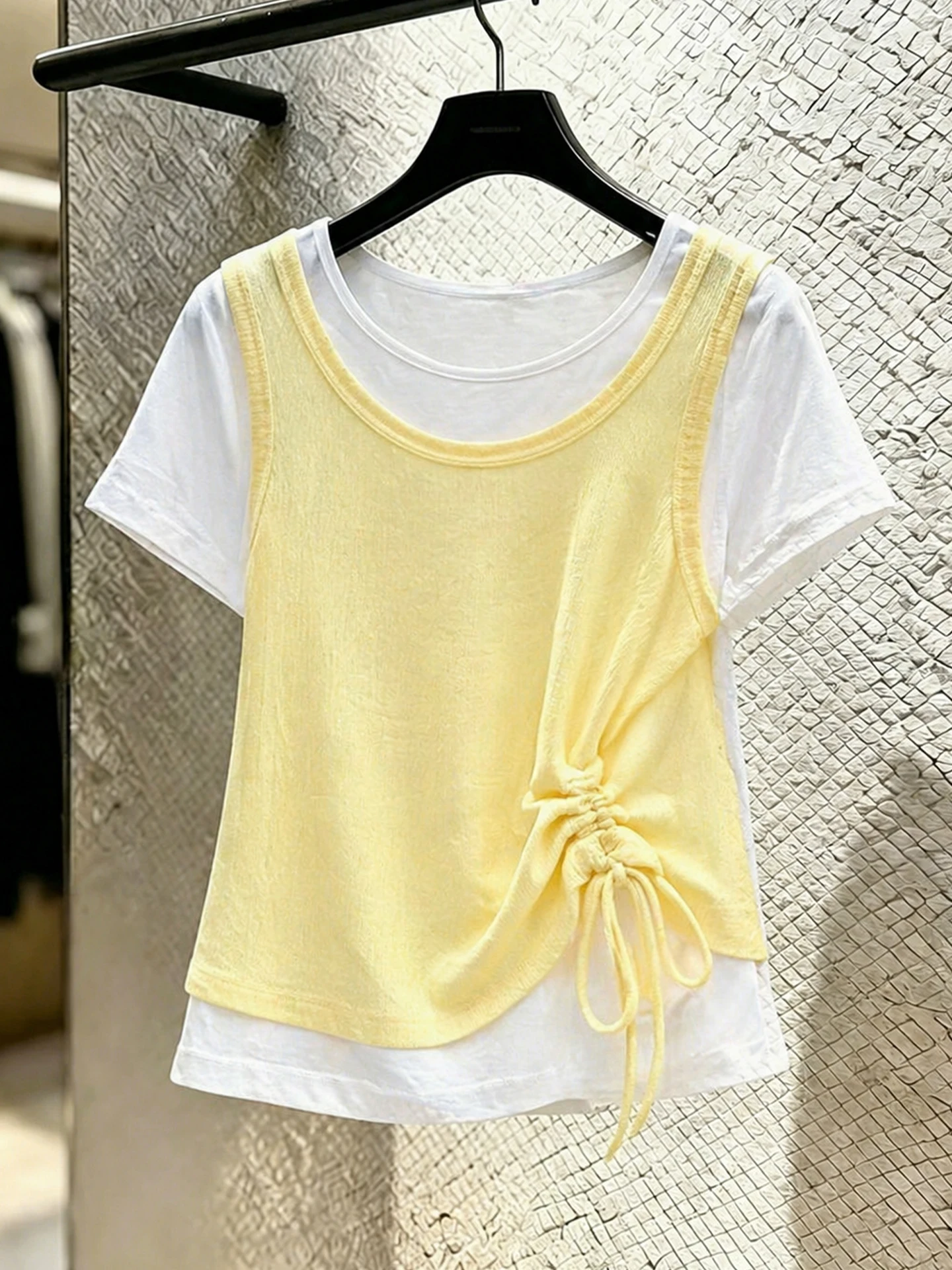 

Korean Style Drawstring round Neck Short Sleeve T-Shirt Fake Two-Piece Summer Fashionable Top Commute Style Elegant Shirt